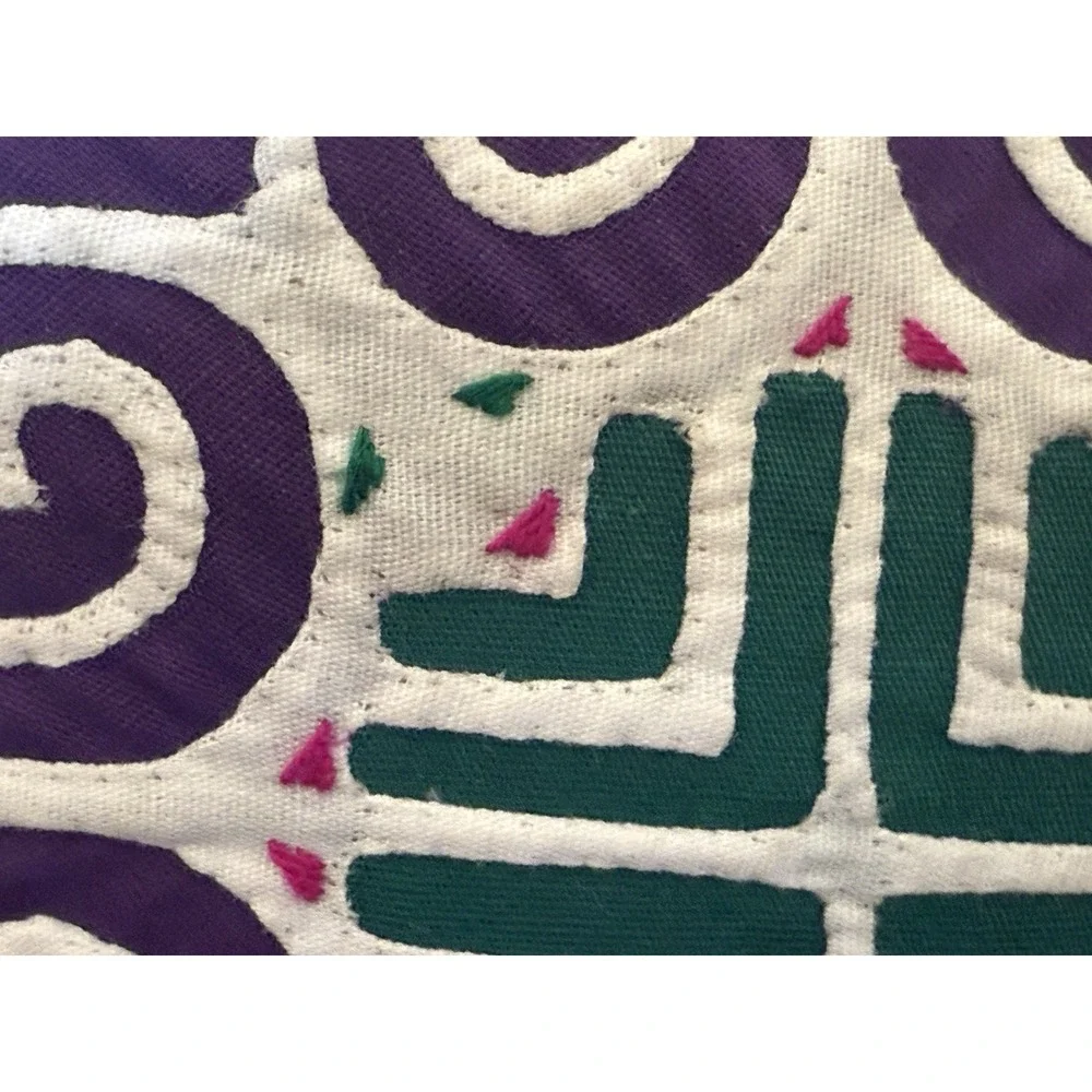 VTG Quilted Pillow Embroidered Purple & Green Hand Made Folk Art holiday 6x6